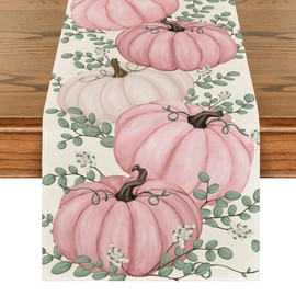 Artoid Mode Pink Pumpkins Eucalyptus Fall Table Runner, Seasonal Autumn Thanksgiving Kitchen Dining Table Decoration for Home Party Decor 13x36 Inch