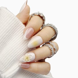 Press On Nails -Almond White 3D Flower Fake Nails with Glaze Finish | Salon Quality | 24 nail kit -12 Sizes with 48 Jelly tabs| Reusable Durable Easy-Removal False Nails