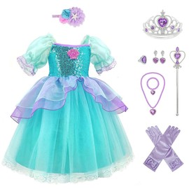 CREDIBLE TT5481 Children's Princess Dress Costume, Luxurious 10-Piece Set, Mermaid B (Princess Dress, Mermaid Hair Ornament, Gloves with Ribbon, Heart Tiara, Magic Wand, Necklace, Earrings, Ring, Bracelet, Original Goods), US Kids Size 6 (110 cm)