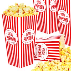 [50 Pack] Movie Theater Popcorn Boxes Disposable Red & White Striped - 46 oz Capacity - Vintage Snack Box Concession and Carnival Party Supplies, Individual Popcorn Bucket Containers
