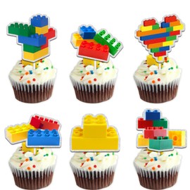 Dessert Cupcake Topper Pick for Building Blocks Block Theme Decor Supplies Baby Shower Happy Birthday Anniversary Party Decoration set 18pcs Colorful Glitter