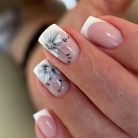 French Tip Press on Nails Medium Square Fake Nails Exquisite Ink Painting Flowers Design False Nails Glossy White Nail Tips Nude Acrylic Nails Spring Summer Stick on Nails for Women Manicure