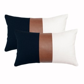 Vfuty Modern Stripe Farmhouse Decorative Throw Pillow Cover 12x20 Set of 2 Black and White Pillow Covers for Accent Chair Living Room Bedroom,Faux Leather Lumbar Pillow Case Boho Decor