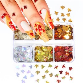 Thanksgiving Maple Leaf Holographic Nail Design Sequins Nail Decals 3D Holographic Glitters Meteillc Red Yellow Nail Art Sequins Iridescent Flakes Nail Foil Fall Leaf Glitter Shapes Charm Manicure