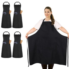 Paquete de 4 delantales de chef de tamaño grande, delantal de cocina grande con 2 bolsillos, delantal ajustable impermeable negro para hombres y mujer