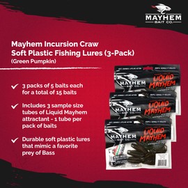 Mayhem Bait Co. 4-Inch Incursion Craw, Soft Plastic Fishing Lures, Pack of 3, (Green Pumpkin)