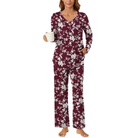 Bestbee Womens Pajama Set Plus Size, 2 Piece Lounge Outfits V Neck Sleepwear Long Sleeve With Pockets Ladies Ladies Pjs, XL, White Floral-Wine Red