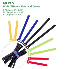 OneLeaf OneLeaf 60 Pcs Reusable Fastening Cable Ties with Hook and Loop, Multi-Purpose Cable Straps Wire Ties Cable Management, Adjustable Cord organizer Ties for Computer/TV/Electronics, 3 Sizes and 5 Colors