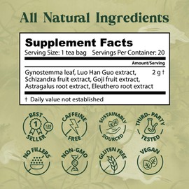 Dragon Herbs Spring Dragon Longevity Tea - Adaptogenic Gynostemma Leaf Herbal Tea Infused with Schizandra Berry, Goji Berry, Astragalus Root, Eleuthero Root, Luo Han Guo Fruit – Immune Support, Calming, Invigorating, Energy, Soothing, Digestion Support, Caffeine Free - 20 Individually Wrapped Bags, Makes 60 servings