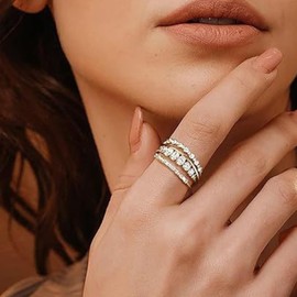 POYAMUSE Gold Cubic Zirconia Stackable Rings 4pcs for Women, Dainty 18K Gold Plated Rhinestones Rings Set for Women - Gold-9