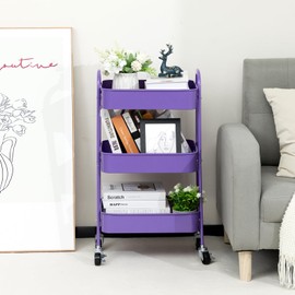 AGTEK Makeup Cart, Movable Rolling Organizer Cart, 3 Tier Metal Utility Cart with Lockable Wheels for Home & Office, Violet