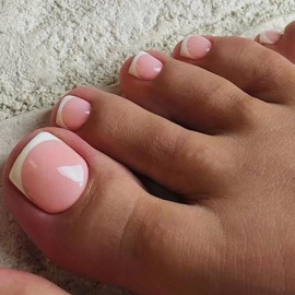 French Fake Toe Nails Set - 120PCS Short Square False Toenails Kit With Glue - White French Tip Pink Stick On Toenails - Glossy Full Cover Acrylic False Toe Nails For Women Girls Nail Art DIY Gift