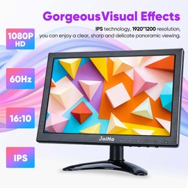 JaiHo 10.1 Inch Small IPS Monitor 19201200 Resolution 60Hz HD Display Screen, 16:10 Portable With Built-in Speaker, HDMI for Gaming CCTV Security Camera Raspberry Pi PC