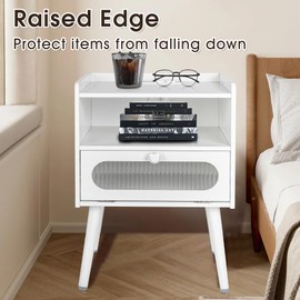 Mid Century Modern Nightstand with Charging Station,Bedside Tables with Glass Decorative Door & 2 Tiers Storage Space,for Bedroom, Living Room, White(1pcs)