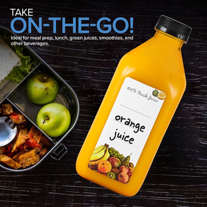 32 Oz Juice Bottles with Caps (6 Pack) - Reusable