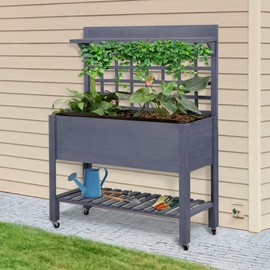 Outsunny 41" Raised Garden Bed with Trellis on Wheels, Wooden Elevated Planter Box with Legs and Bed Liner, for Flowers, Herbs & Vegetables, Gray