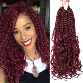 Eerya 8 Packs Boho Box Braids Crochet Hair for Women 10 inch Burgundy Goddess Box Braids Pre-looped Bohemian Crochet Box Braids With Curly Ends Synthetic Crochet Hair Extensions (10 inch, Burgundy)
