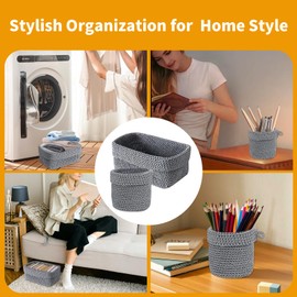 eupdd Pack of 2 Crochet Baskets: Basket Storage with 1 Round Basket, Grey, for Towels, Cosmetics, Keys, Storage Basket, Anthracite, Storage Basket, Small, Bathroom Basket for Bedroom, Office