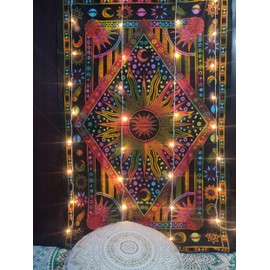 ICC Burning Sun Tie Dye Tapestry, Celestial Sun Moon Star Planet Bohemian Twin Tapestry Tarot Card Wall Hanging Boho Tapestry Hippie Hippy Tapestry Beach Coverlet Curtain 54 x 84 inches