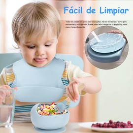 Set de Alimentación, Plato de Succión Dividido | Tazón de Succión | Vaso para Sorber | Babero Ajustable | Tenedor y Cuchara de Destete, Vajilla Suave y Fácil de Limpiar sin BPA