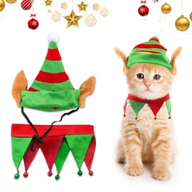 Threetols Dog Christmas Costumes Set, Dog Christmas Outfit Dog Cat Green Red Top Hat Outfit Funny Elf Xmas Hat and Collar with Bell Set for Puppy Winter New Year Holiday Accessories Supplies（S）