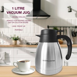 Andrew James 1L Thermal Coffee Carafe Double Walled Vacuum Jug, Stainless Steel Insulated Tea & Coffee Pot for Hot and Cold Drinks, Thermal Jug Flask Leak Proof Coffee Dispenser, Durable and Portable