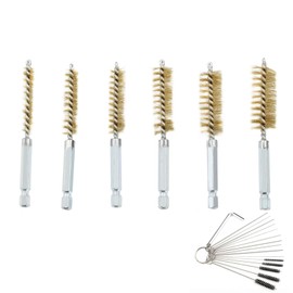 Stainless Steel Drilling Brush, 6 Pieces in Different Sizes + 15 Pieces Cleaning Needles Nylon Brushes Tools, Twisted Wire Brush with Handle 1/4 Inch Hex Shank Attachment Drill Set for Pipes (Yellow)