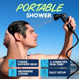 SUN NINJA Portable Shower, 2.1Gal Camping Shower with 7 Mode Shower Head, Neoprene Cover Helps Keep Water Warm, High Pressure Hose, Easy to Carry, Black and Orange