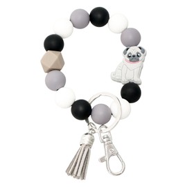 LMWKUN Dog Keychain Bracelaet Wristlet,Grey Silicone Beaded Key Ring for Women,Stretchy Car Key Chain Bangle with Tassel