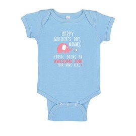 Happy Mothers Day Any Name Blue Elephant Lt Blue Bodysuit & Bow Tie Bib Set Newborn