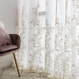 Amidoudou 1 Pair Luxury Embroidered Tulle Curtains for Living Room Wedding 3D Gold Flower Sheer Curtains (White,66 x 90 Inch)