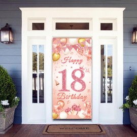 18th Birthday Decorations Door Banner - Rose Gold Happy 18th Birthday Backdrop Banners Large Size Door Porch Sign Background 185x90cm for Girls 18 Years Old Party Supplies