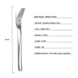 Stainless Steel Dinner Forks Set, 6 Piece - Silverware for Home, Kitchen or Restaurant, Dishwasher Safe (Silver-8 Inch)