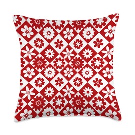 American Farm Country Floral Prints Elegant Red and White Gingham Floral Throw Pillow, 18x18, Multicolor