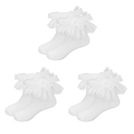 Jupsk Girls White Frilly Socks Kids Ballet Ruffle Lace Cotton Dress Ankle Socks for Toddlers Baby 4-6 Years 3 Pairs