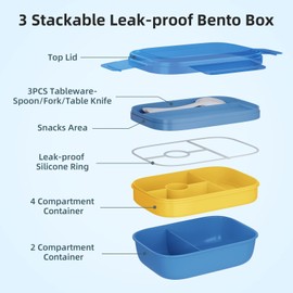 Bento Box Adult Lunch Box, Stackable Lunch Box Containers for Adults Kids, Salad Bowls, 3-Layer 1.9L Food Containers with 3 Cutlery, for Work School Picnic, 8.5"×5.7"×3.9"(Blue)