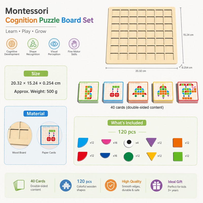 120-Piece Montessori-Inspired Matching Puzzle Set – Wooden Logic and Cognitive