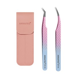 ANNAFRIS 2Pcs Lash Tweezers Stainless Steel Eyelash Extensions Tweezers Kit Straight and Curved Tweezers for Crafting Fiber Pointy Tweezers(F03+04)