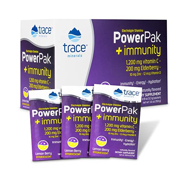 Power Pak + Immunity Packets by Trace Minerals - with Elderberry, Vitamin C, Zinc, & Vitamin D3 - Great for Adults & Kids – Immune, Hydration, & Energy Support (30 Packets, Lemon Berry Flavor)