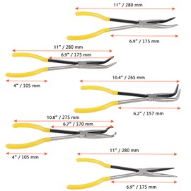 SINJEUN 5 Piece 11 Inch Long Reach Pliers Set, Long Nose Pliers Long Needle Nose Pliers Sets Includes Straight, 25 Degrees, 45 Degrees, 90 Degrees Angle and Round Pliers, Yellow Rubber Grip