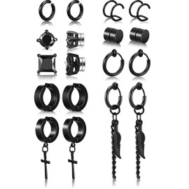 9 Pairs of Magnetic Stud Earrings Stainless Steel Feather Dangle Hinged Earrings CZ Magnetic Earring Non Penetrating Cross Dangle Hoop Earrings Black, Stainless Steel, Cubic Zirconia