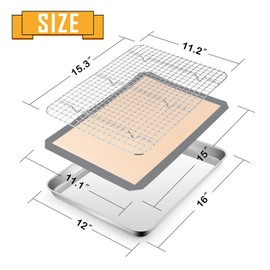 Cookie Sheet with Rack Set, E-far 16”x12” Stainless Steel Baking Sheet Pan for Oven Cooking, Rimmed Metal Tray with Wire Rack & Silicone Baking Mat for Cooling Roasting Bacon Steak - Dishwasher Safe
