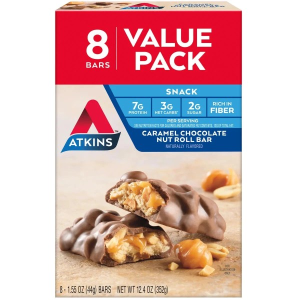 Atkins Snack Bar, Caramel Chocolate Nut Roll, Keto Friendly, 8