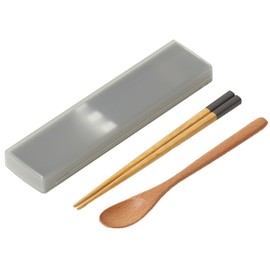 Ansio CT-27 Anti-Bacterial Chopsticks and Spoons, 7.1 inches (18 cm), Pull Lid, Chopsticks Case Set, Natural Wood, Gray, Dishwasher Safe, Made in Japan