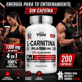 L-Carnitina 1300 mg por Porción, Fórmula 4 en 1 con Carnitina Tartrato, Vinagre de Manzana Orgánico, CLA y Cetonas de Frambuesa, Pre Workout sin Cafeí