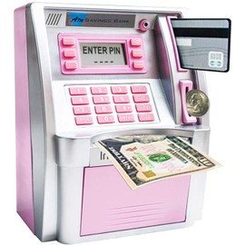 2024 Upgraded ATM Savings Bank for Real Money for Adults Kids with Card Mini ATM Piggy Bank Machine for Boys Girls, Password Login,Coin Recognition,Balance Calculator,Electronic Safe Box (Silver/Pink)