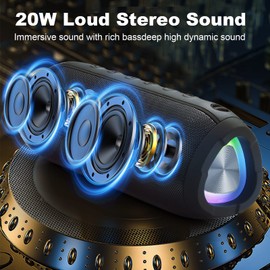 Bluetooth Speakers Wireless with 20W Loud Stereo Sound, TWS Pairing for Outdoor, IPX6 Waterproof Shower Speakers, 36H Playtime, Built-in Mic Radio Mode RGB Lights