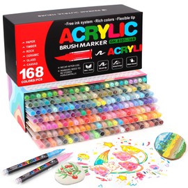 168 Colors Soft Brush Tip Acrylic Paint Markers Set, Pens for Rock, Wood, Fabric, Canvas, Glass, DIY Crafts, Waterproof Markers, Vibrant Acrylic Paint Pens for Artists and Art Projects
