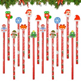 HEKOBAG 32Pcs Christmas Pencil with Eraser, Christmas Pencils Bulk for Kids Wood Pencils with Christmas Erasers Christmas Theme Pencils Xmas Stocking Stuffers for Winter Holiday Gifts Party Favours