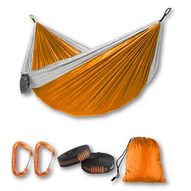 RLX Hammock (Light Orange, Double) Camping Hammock, Lightweight Parachute Nylon, 550 lbs Capacity, With 2 Carabiners, two10 foot (10+1) Heavy Duty loop straps and built-in storage bag. Colors may vary